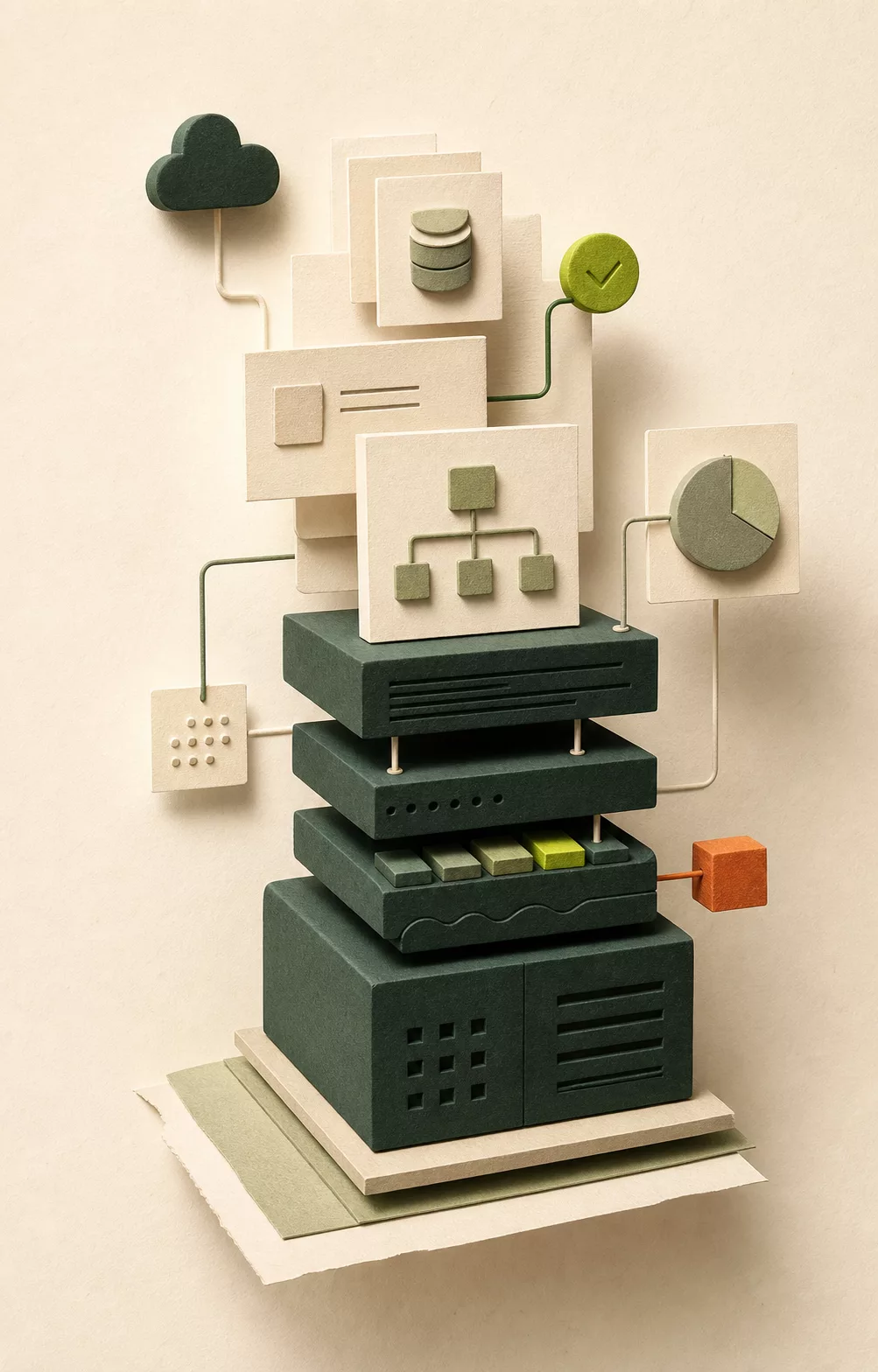 Illustration of connected digital systems, cloud services, data, and delivery